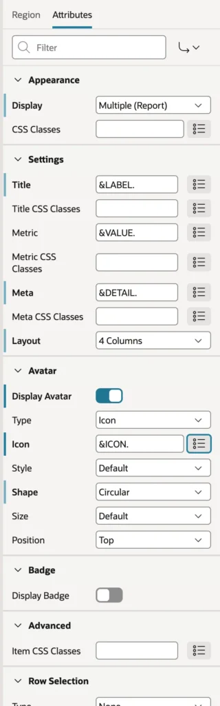 The attributes of a Metric Card region in Oracle APEX