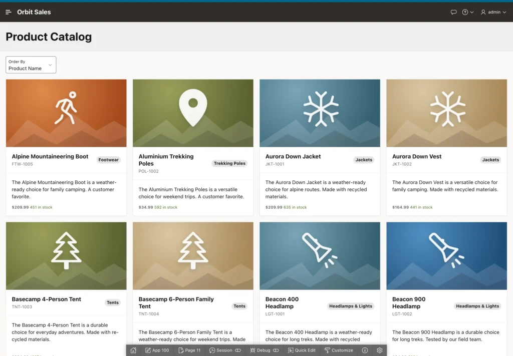 A product catalog of image cards running in Oracle APEX
