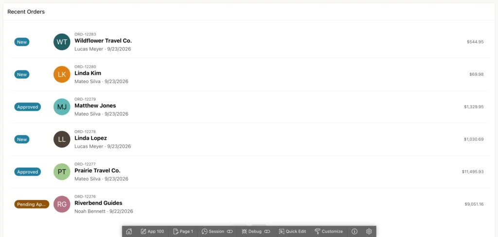 A recent orders list on an Oracle APEX home page