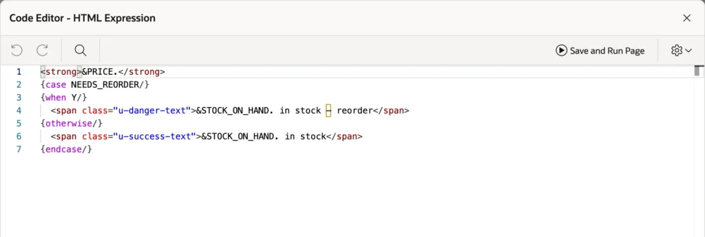Template directives in the Oracle APEX code editor