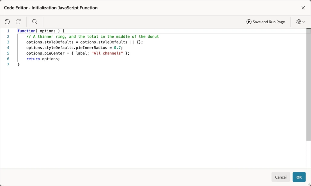 A chart initialization JavaScript function in the Oracle APEX code editor