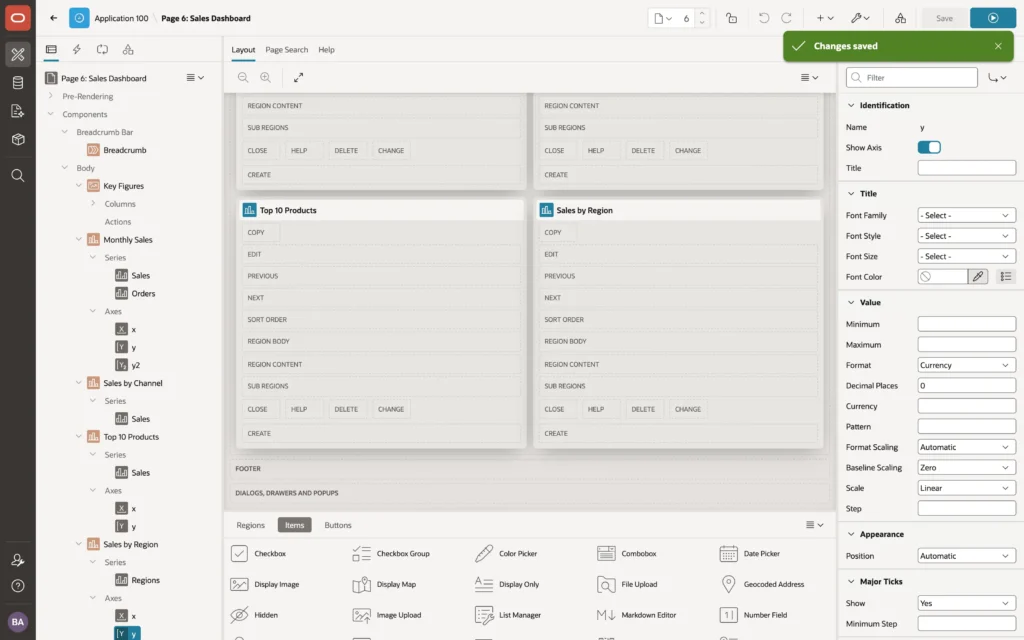 A dashboard page with chart regions in Oracle APEX Page Designer
