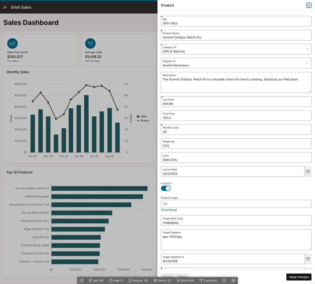 Drilling down from a chart bar to a product form in Oracle APEX