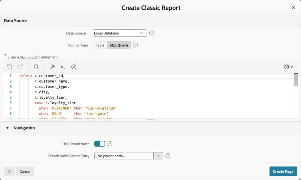Creating a classic report on a SQL query in Oracle APEX