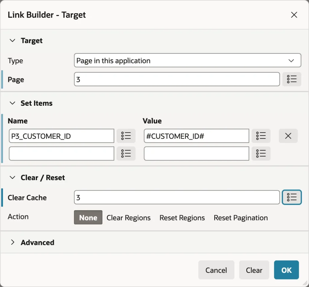 The Link Builder in Oracle APEX linking a report column to a form page