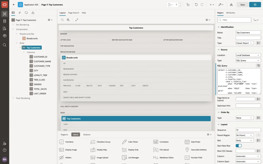 A new classic report region open in Oracle APEX Page Designer
