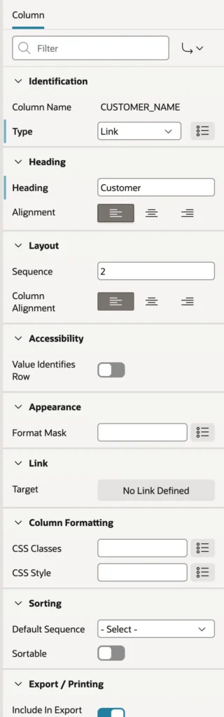 The properties of a classic report column in Oracle APEX