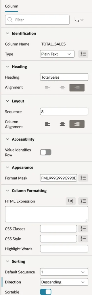 Setting a format mask and a descending default sort on a column