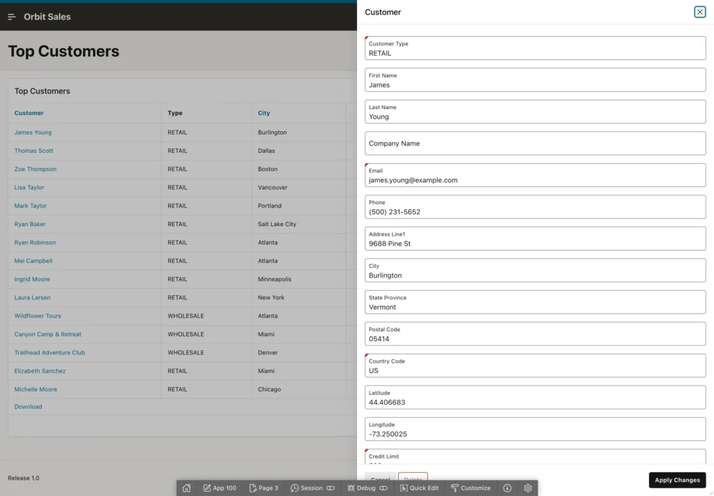 A report link opening a customer form in a drawer in Oracle APEX