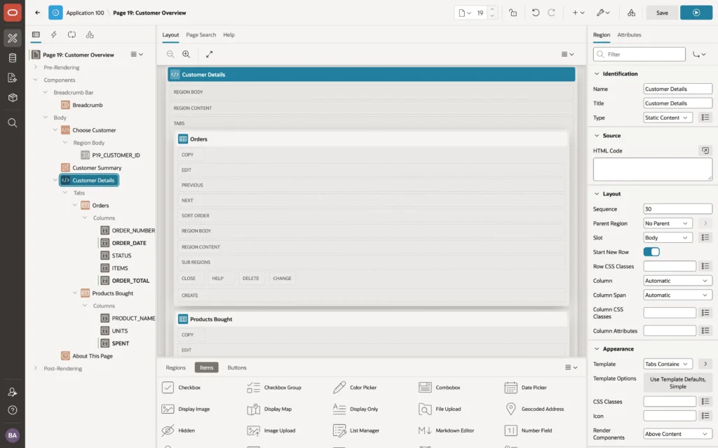 A page with a tabs container region open in Oracle APEX Page Designer