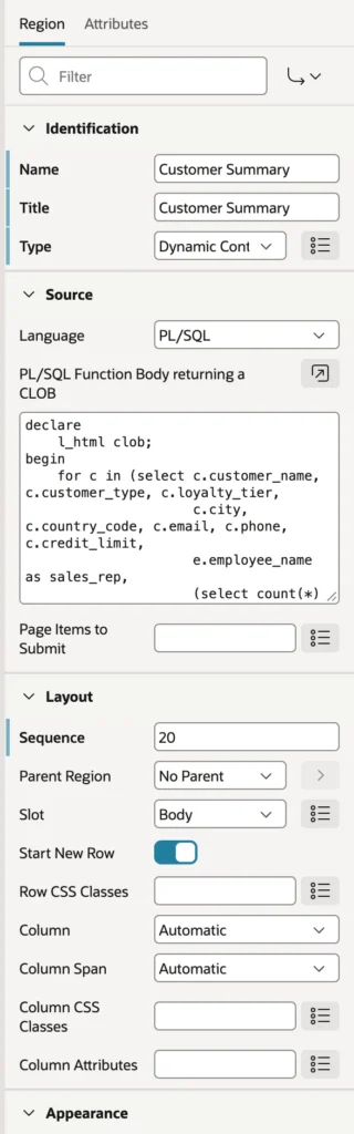 A Dynamic Content region with a PL/SQL function body in Oracle APEX
