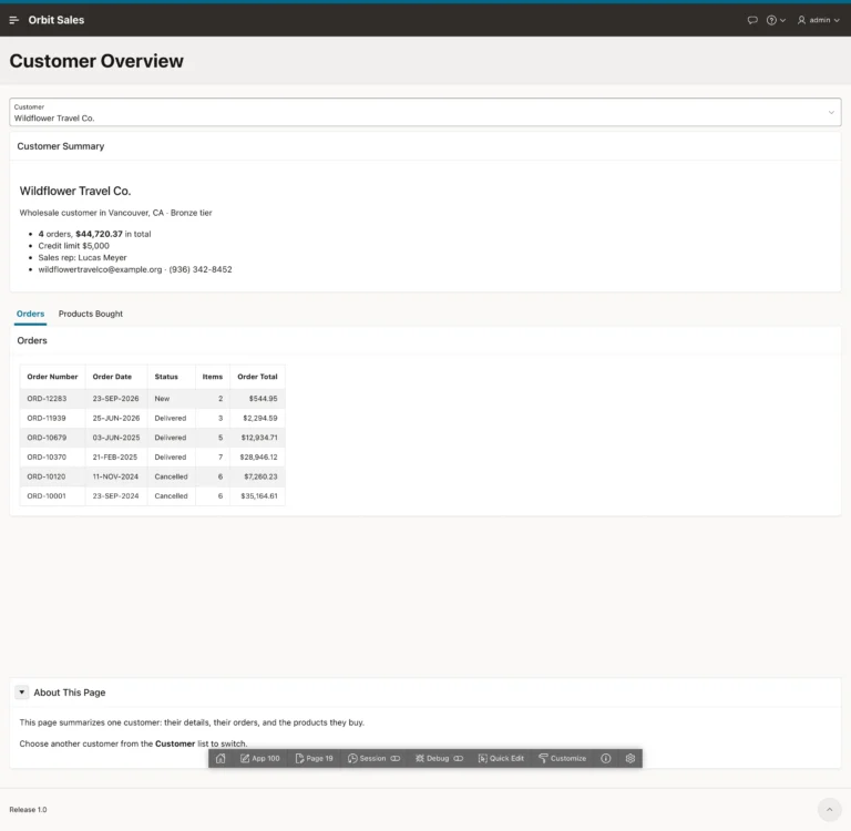 A customer overview page combining several region types in Oracle APEX