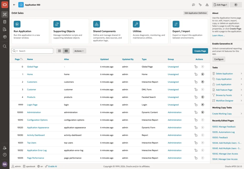 The application home page in Oracle APEX App Builder showing generated pages