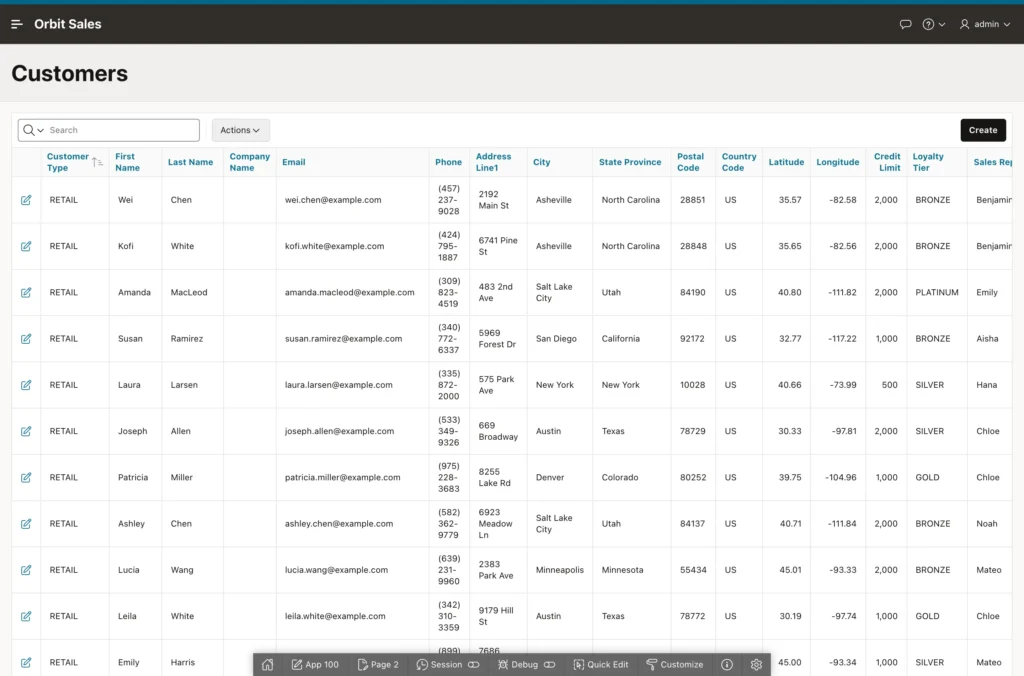 The generated interactive report in an Oracle APEX application