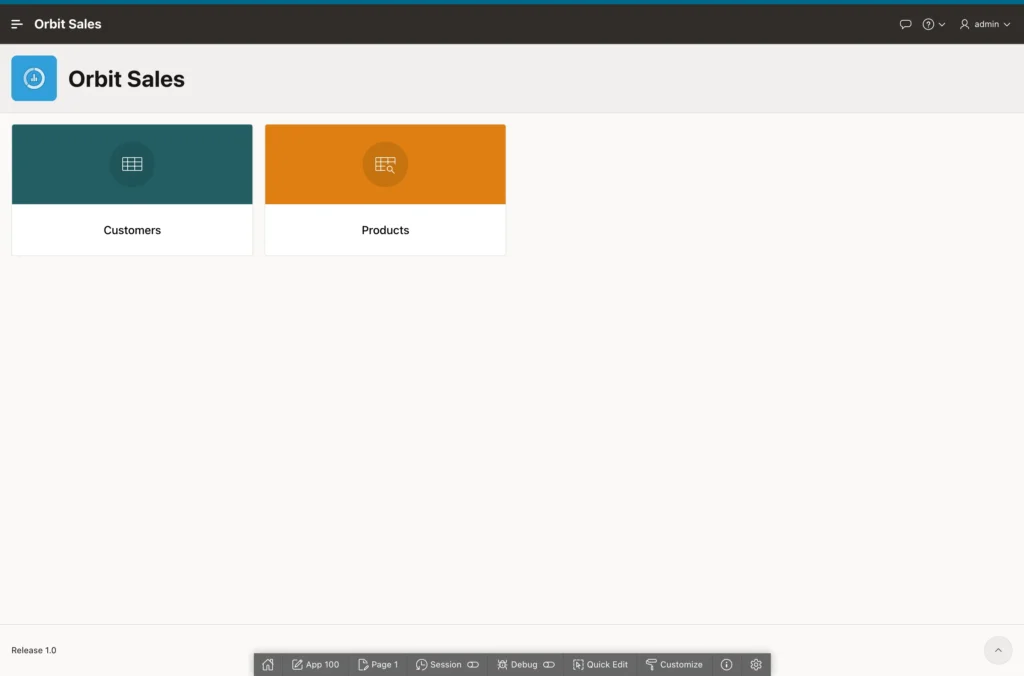 The generated home page of an Oracle APEX application with navigation cards