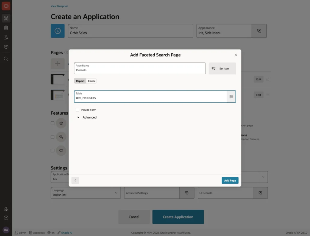 Adding a faceted search page in the Oracle APEX wizard