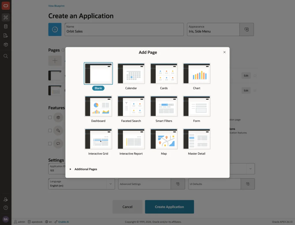 The page gallery in the Oracle APEX Create Application wizard