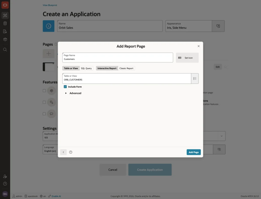 Adding an interactive report page with Include Form in the APEX wizard