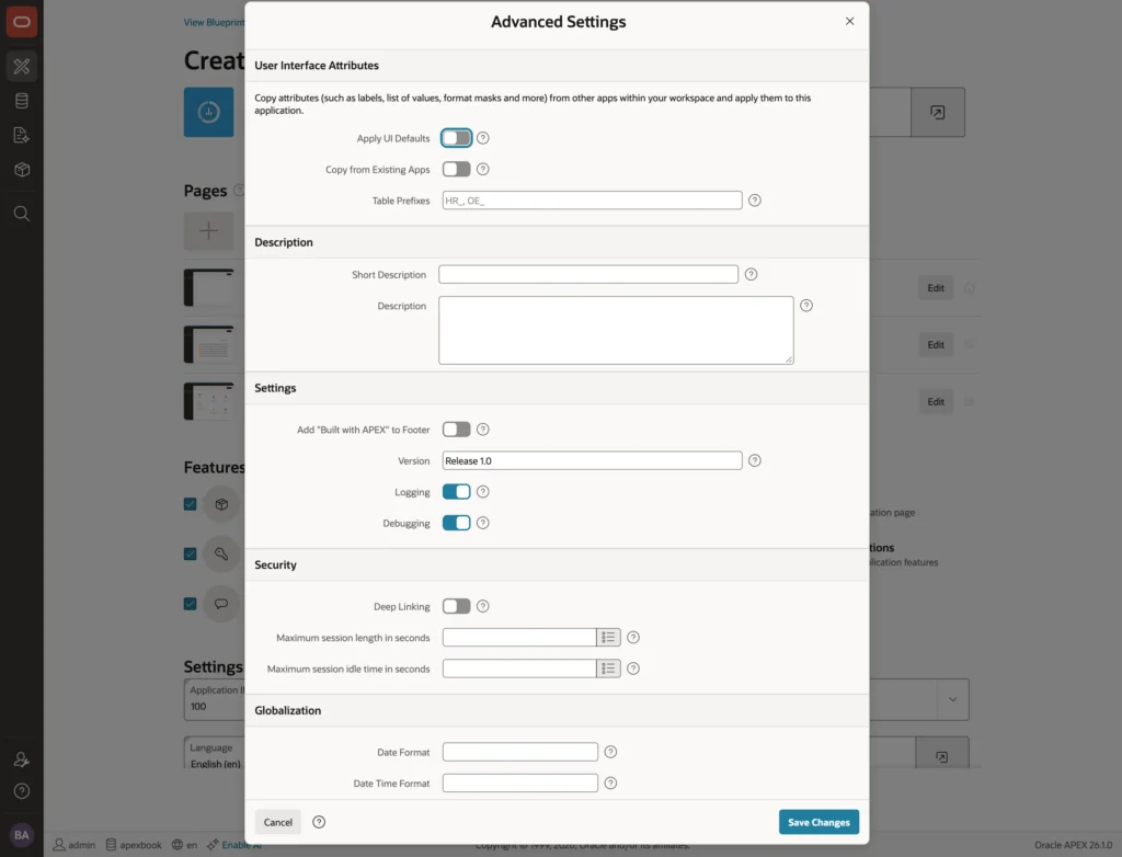 Advanced settings in the Oracle APEX Create Application wizard