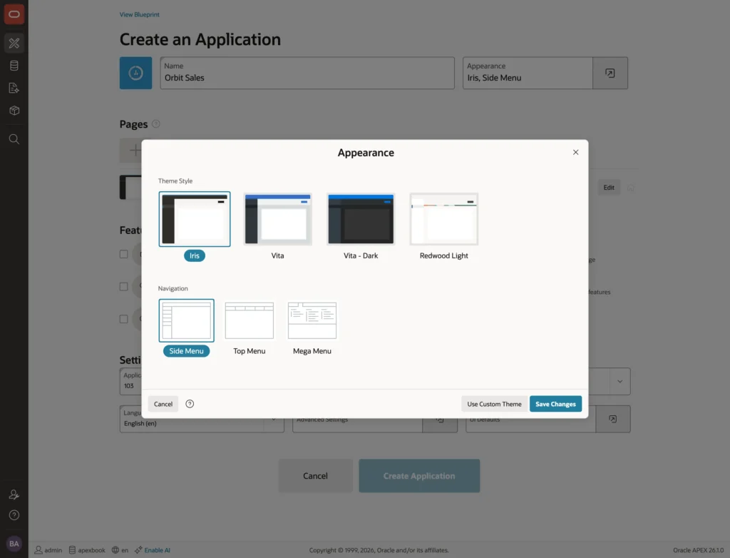 Choosing the theme style and navigation menu in the APEX wizard