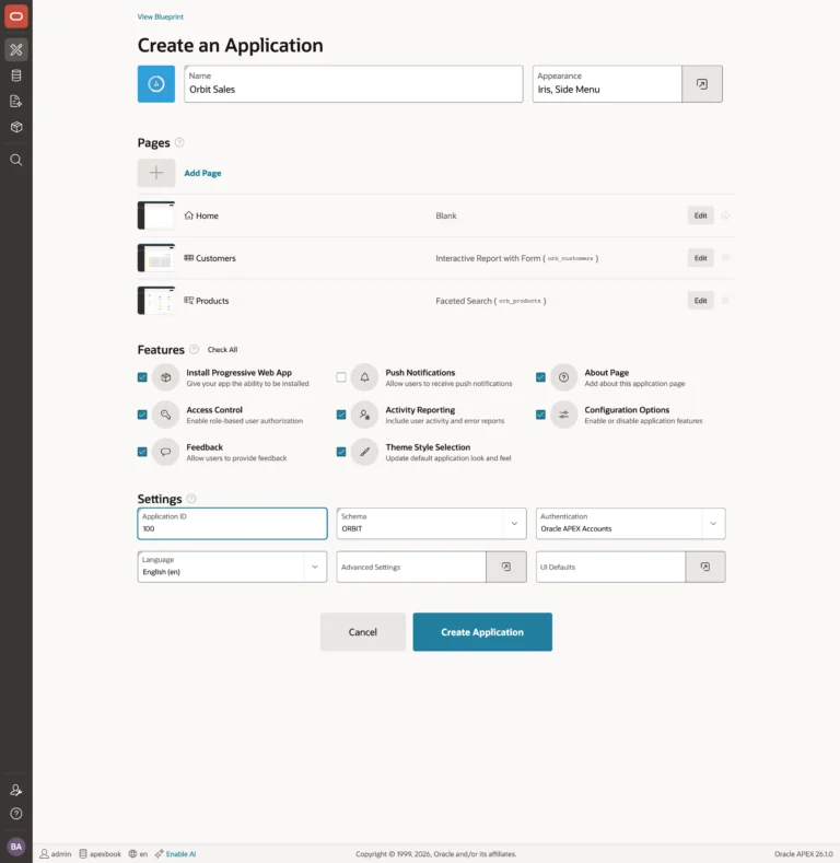 The completed Create Application wizard in Oracle APEX