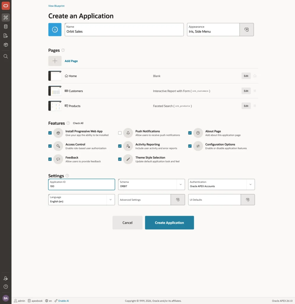 The completed Create Application wizard in Oracle APEX