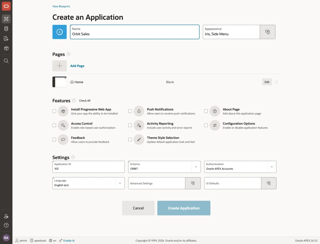 The Oracle APEX Create Application wizard with its five sections