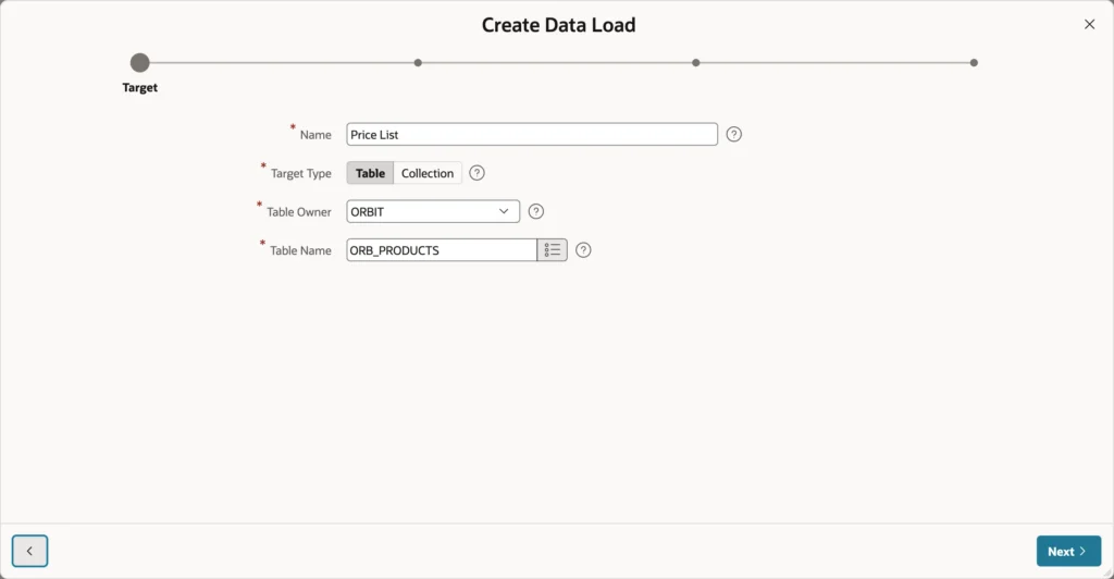 Choosing the target table of a data load definition in Oracle APEX