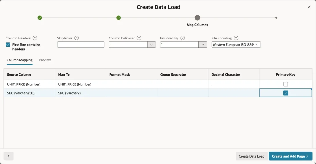 Mapping file columns to table columns in Oracle APEX