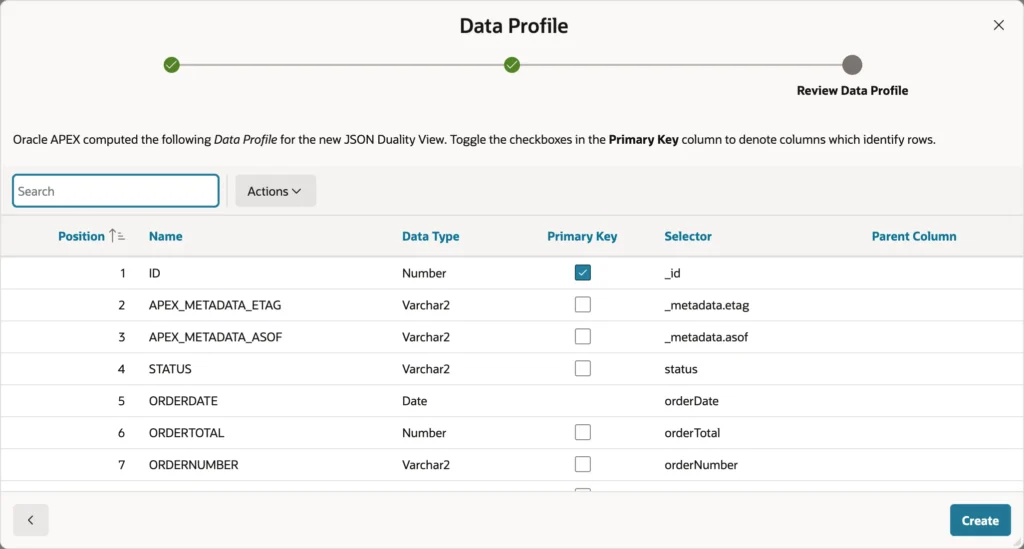 The data profile computed from a duality view in Oracle APEX
