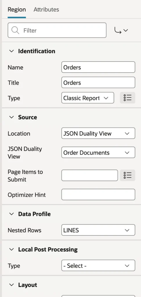 A report region on a JSON duality view with nested rows