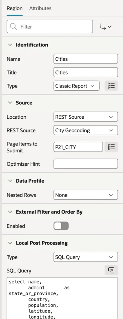 A classic report reading from a REST data source in Oracle APEX