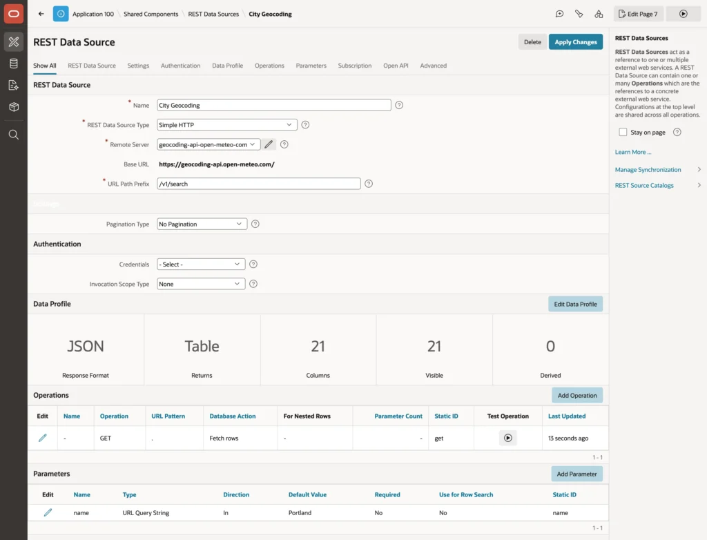 A REST data source and its data profile in Oracle APEX