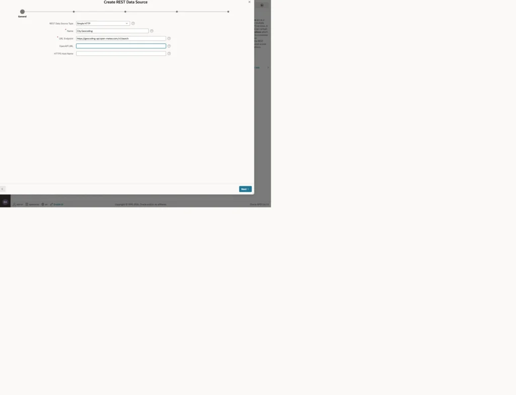 The general settings of a REST data source in Oracle APEX