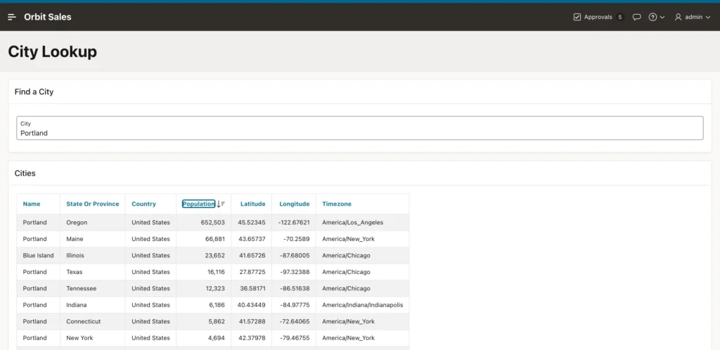 A report showing city data from a public web service in Oracle APEX