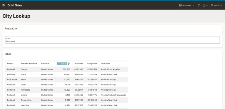 A report showing city data from a public web service in Oracle APEX