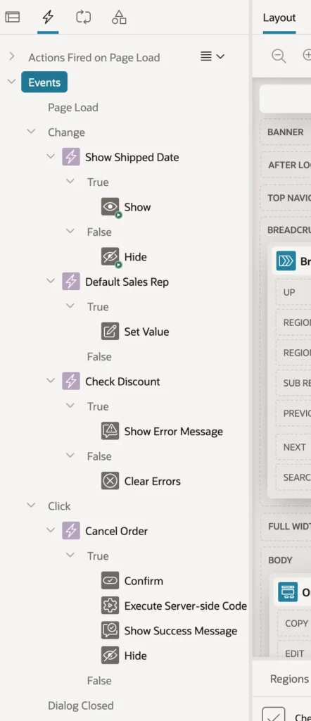 The dynamic actions tree in Oracle APEX Page Designer