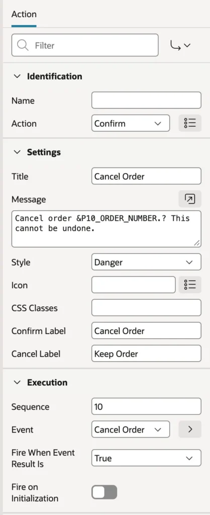 The Confirm action of a dynamic action in Oracle APEX