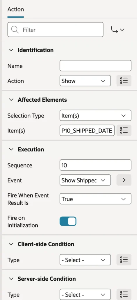 A Show action affecting an item in Oracle APEX