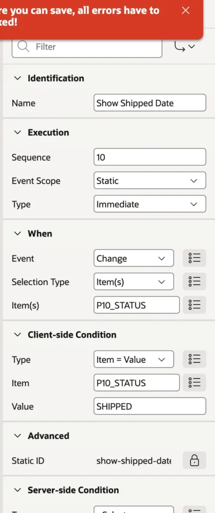 The event and client-side condition of a dynamic action in Oracle APEX