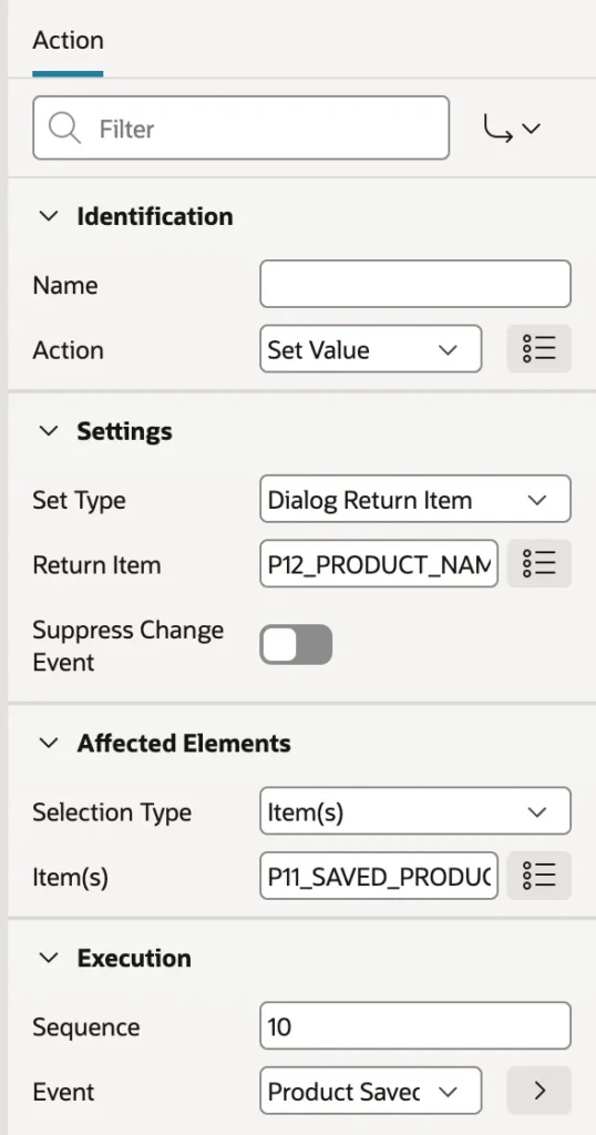 Set Value using a dialog return item in Oracle APEX