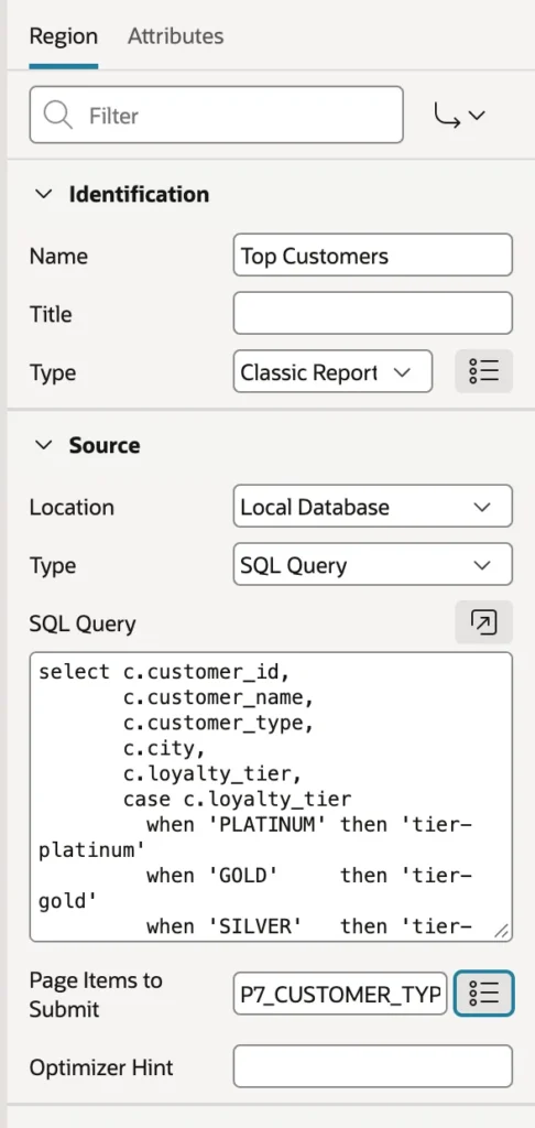 Setting Page Items to Submit on a report region in Oracle APEX