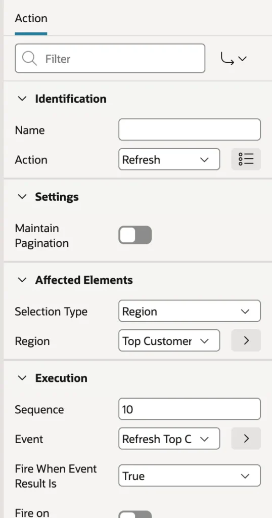 The Refresh action targeting a region in Oracle APEX