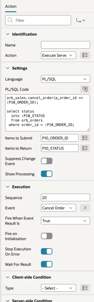 An Execute Server-side Code action with items to submit and return