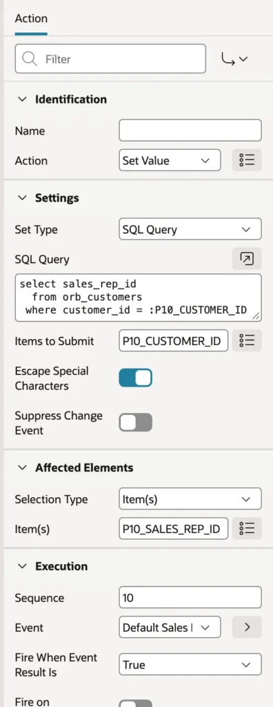 A Set Value action using a SQL query in Oracle APEX