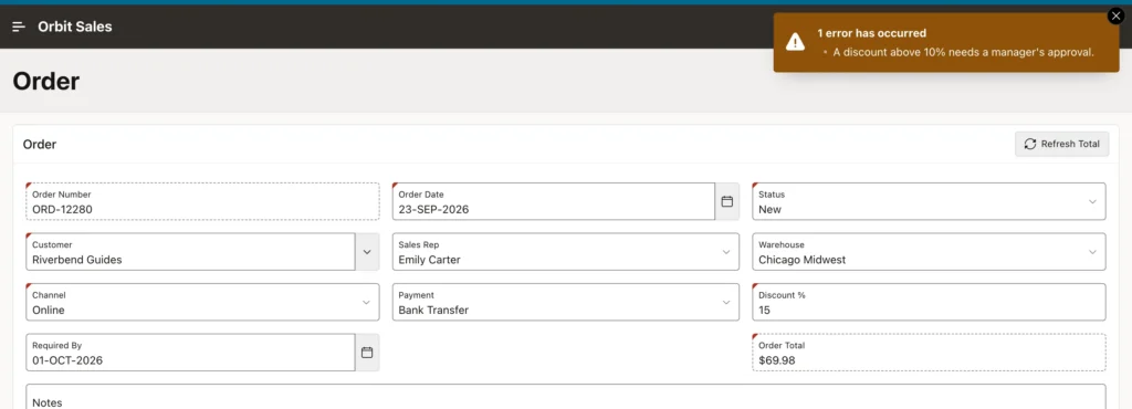An error message shown by a dynamic action in Oracle APEX