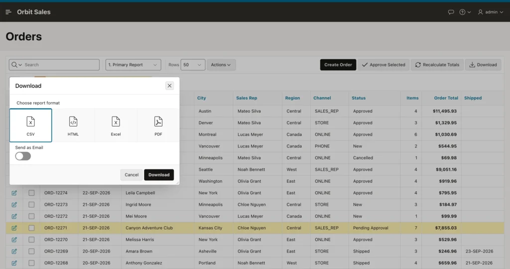An interactive report download dialog opened by a button