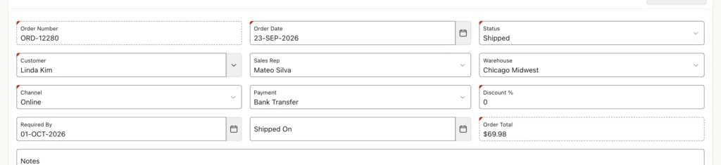 An order form showing the shipped date after a status change