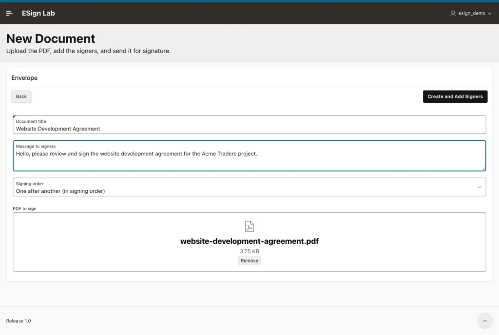 New document form with title, message, signing order and PDF