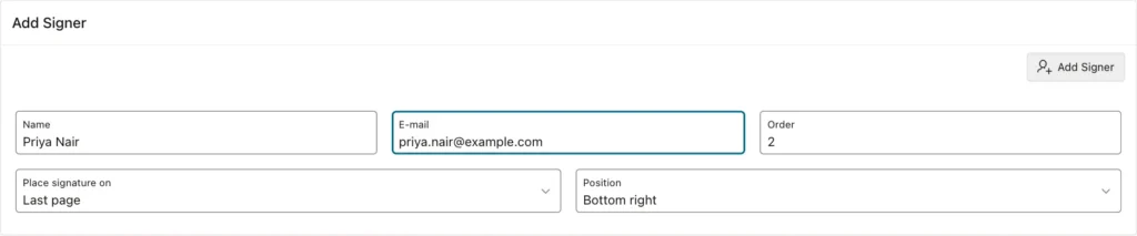 Add Signer region with name, e-mail, order, page and position